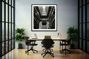 AI generated white photo framed on metal wall in empty office