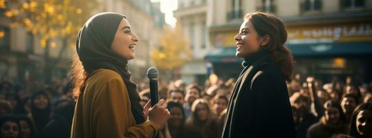 AI generated two ladies in hijab talking to the crowd photo