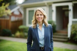 AI generated woman in business suit standing in front of house after signing a contract photo