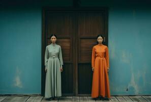 AI generated two asian women dressed in dresses are standing outside a blue door photo