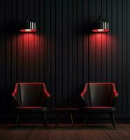 AI generated two chairs and a lamp in black with red lighting photo