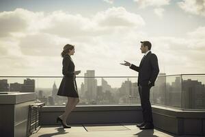 AI generated Businessman and businesswoman talking on the rooftop of a skyscraper, A businesswoman discussing with a businessman on the rooftop, AI Generated photo