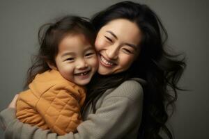 ai generado contento asiático madre y hija abrazando cada otro aislado en gris fondo, un alegre asiático niñito hija abrazando su contento madre aislado en gris, ai generado foto