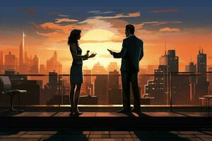 AI generated Businessman and businesswoman talking on the roof of a skyscraper, A businesswoman discussing with a businessman on the rooftop, AI Generated photo