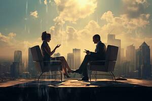 AI generated Businessman and businesswoman sitting on chairs and discussing over cityscape background, A businesswoman discussing with a businessman on the rooftop, AI Generated photo