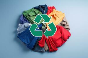 ai generado reciclaje símbolo en pila de vistoso ropa en azul fondo, un vistoso circulo de ropa con un logo simbolizando reciclaje, cero desperdiciar, y reutilizar concepto, ai generado foto