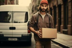 ai generado entrega mensajero servicio. entrega hombre en marrón uniforme participación un cartulina caja cerca un camioneta camión entregando a cliente hogar. sonriente hombre postal entrega hombre entregando un paquete. foto