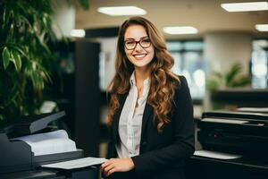 AI generated Office worker prints paper on multifunction laser printer. Document and paperwork concept. Secretary work. Smiling woman working in business office. Copy, print, scan, and fax machine. photo