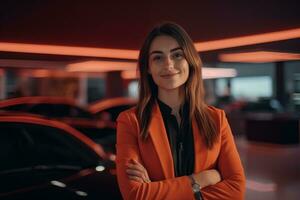 AI generated Professional luxury car saleswoman in luxury showroom. Auto dealership office. Car dealer business. Smiling woman in showroom. Expensive car. Automotive industry. Luxury car agent. photo