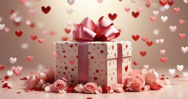 AI generated a big red flowery present box surrounded by hearts on a grey background photo