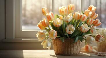 AI generated a basket of orange and white tulips on a stand photo