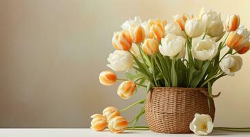 ai generado un cesta de naranja y blanco tulipanes en un estar foto