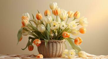 AI generated a basket of orange and white tulips on a stand photo