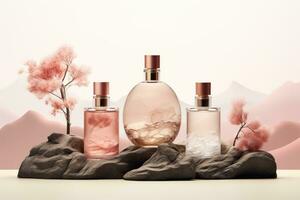 AI generated different type of perfume bottles in background photo