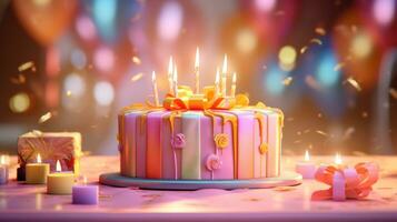 ai generado un cumpleaños pastel es desplegado con iluminado velas en parte superior foto