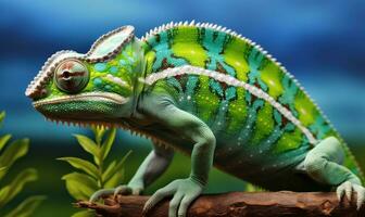 AI generated green and white chameleon with brown stripes photo