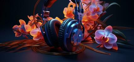 AI generated headphones and microphones with an orchid print on a background photo
