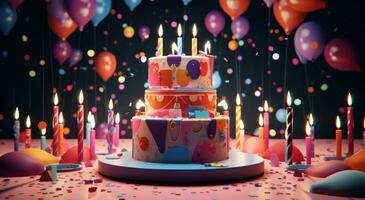 AI generated a cake with candles sitting on a table with presents photo