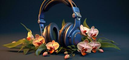 AI generated headphones and microphones with an orchid print on a background photo