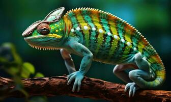 AI generated green and white chameleon with brown stripes photo