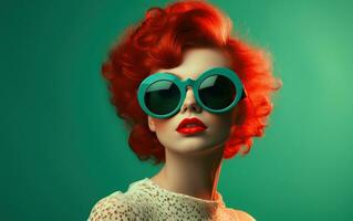 AI generated elegant female young woman in sunglasses on green background photo