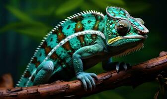 AI generated green and white chameleon with brown stripes photo