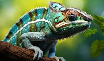 AI generated green and white chameleon with brown stripes photo