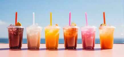 AI generated line up of iced drinks with straws in small cups photo