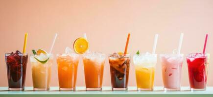 AI generated line up of iced drinks with straws in small cups photo