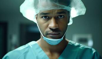 AI generated male surgeon with surgical scrubs in his scrubs medical photo