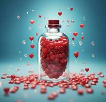 AI generated miniature heart cluster falling from a glass bottle photo
