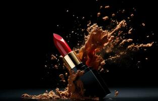 AI generated lipstick is falling to the side in a black background photo