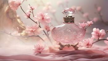 ai generado perfume botella con algunos rosado flores y algunos polvo en antecedentes foto