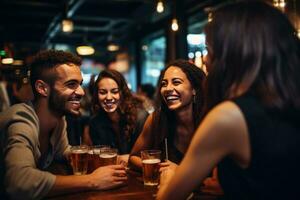 ai generado personas riendo mientras Bebiendo cerveza en un bar foto