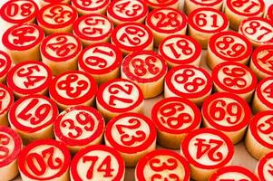 a pile of red and white wooden numbers photo