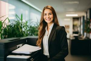 ai generado oficina trabajador huellas dactilares papel en multifunción láser impresora. documento y papeleo concepto. secretario trabajar. sonriente mujer trabajando en negocio oficina. Copiar, imprimir, escanear, y fax máquina. foto