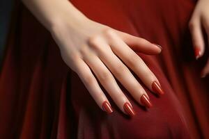 ai generado glamour mujer mano con clásico rojo uña polaco en su uñas rojo uña manicura con gel polaco a lujo belleza salón. uña Arte y diseño. hembra mano modelo. francés manicura. foto