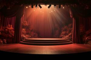 AI generated Theater stage light background with spotlight illuminated the stage for opera performance. Empty stage with warm ambiance colors, fog, smoke, backdrop decoration. Entertainment show. photo