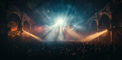 ai generado un multitud a un evento con luces brillante abajo en ellos foto