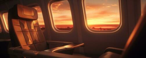 ai generado un avión asiento con ventanas a puesta de sol foto