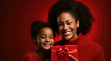 ai generado un mujer participación un rojo regalo caja en frente de un familia miembro, foto