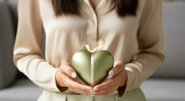 ai generado un mujer sostiene un corazón conformado regalo caja con un verde cinta foto