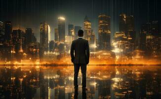 AI generated a young businessman standing in the reflection of big city lights photo