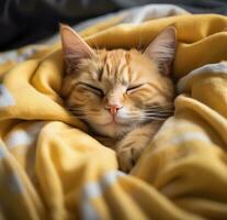 ai generado un naranja atigrado gato dormido debajo hojas foto