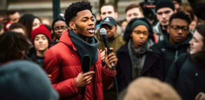 AI generated a young black man with microphones talking to a crowd photo