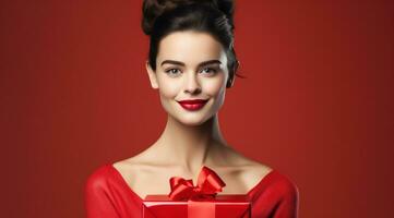 AI generated a woman with a christmas gift in a red box standing photo