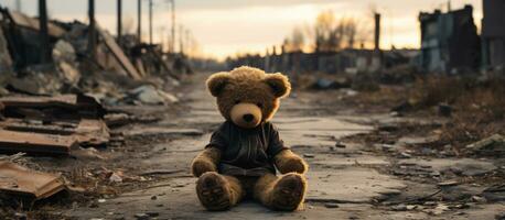 AI generated a teddy bear sitting on a broken path photo
