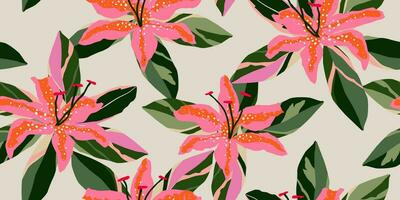 Hand drawn tropical flowers, seamless patterns with floral for fabric, textiles, clothing, wrapping paper, cover, banner, interior decor, abstract backgrounds. vector illustration.