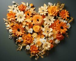 AI generated an orange background has flowers arranged in a heart shape on it photo
