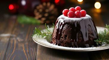 ai generado chocolate Navidad pudín en un de madera superficie foto